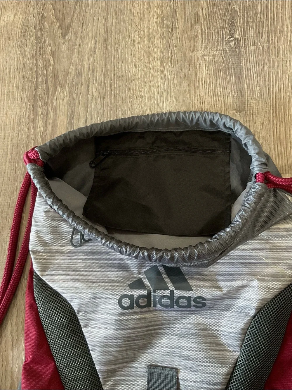 adidas Maroon and Gray Drawstring Backpack with Front Zip Pocket